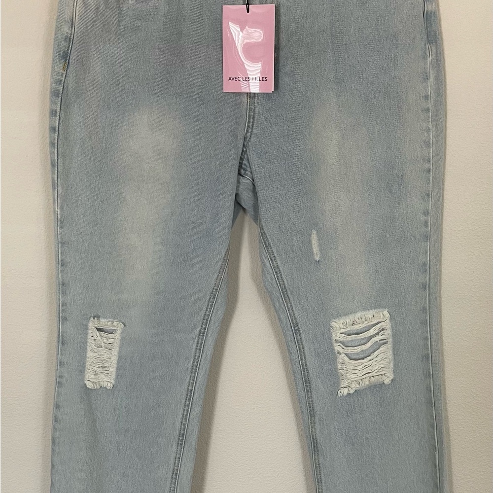 NWT. Anthropologie Avec Les Filles LightBlue RawHem Split Distressed Jeans, Sz30